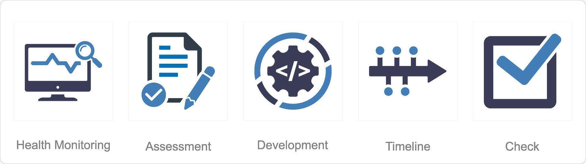 A set of 5 Action plan icons as health monitoring, assessment, development vector