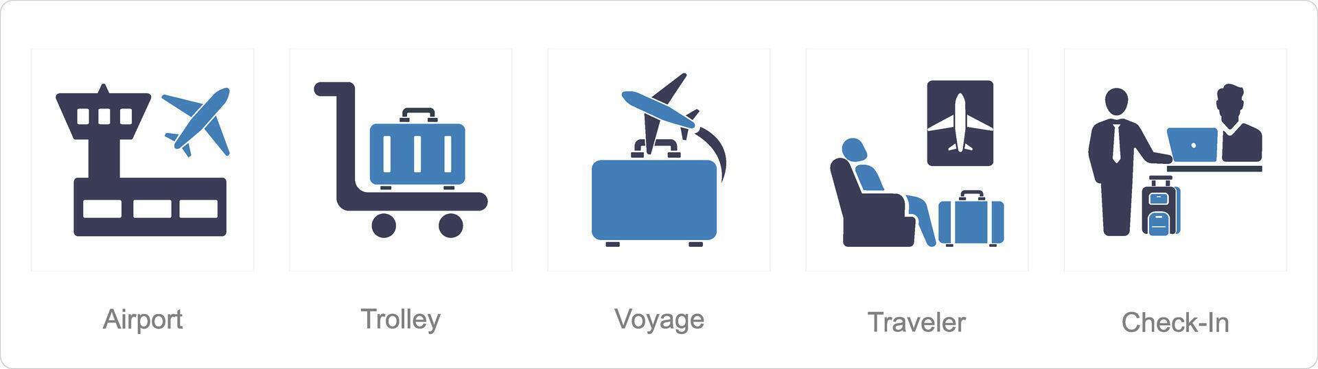 A set of 5 Airport icons as airport, trolley, voyage vector