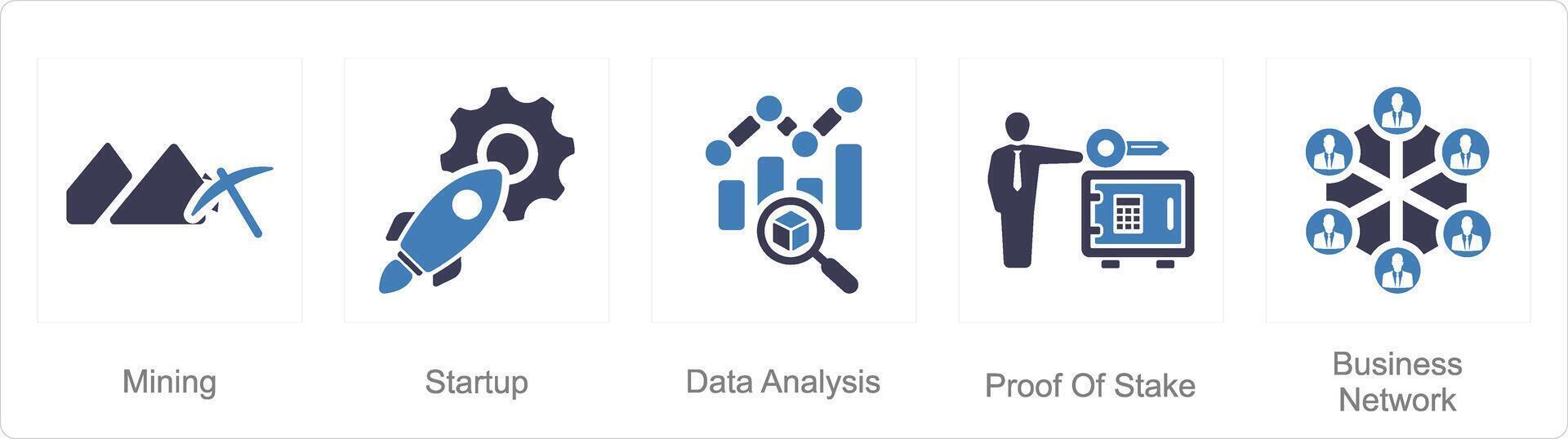 A set of 5 Blockchain icons as mining, startup, data analysis vector