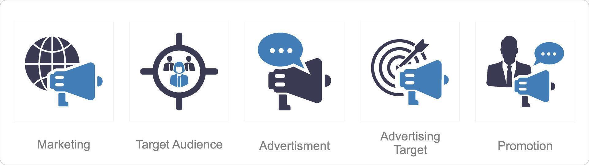 A set of 5 Branding icons as marketing, target audience, advertisement vector