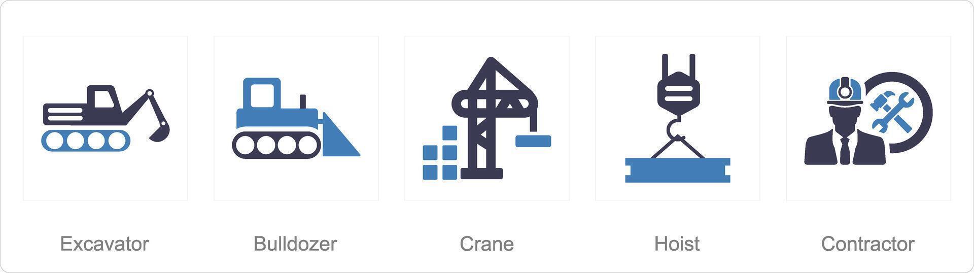 A set of 5 Build icons as excavator, bulldozer, crane vector