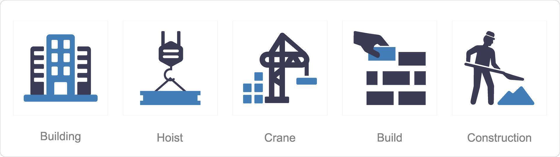 A set of 5 Build icons as building, hoist, crane vector