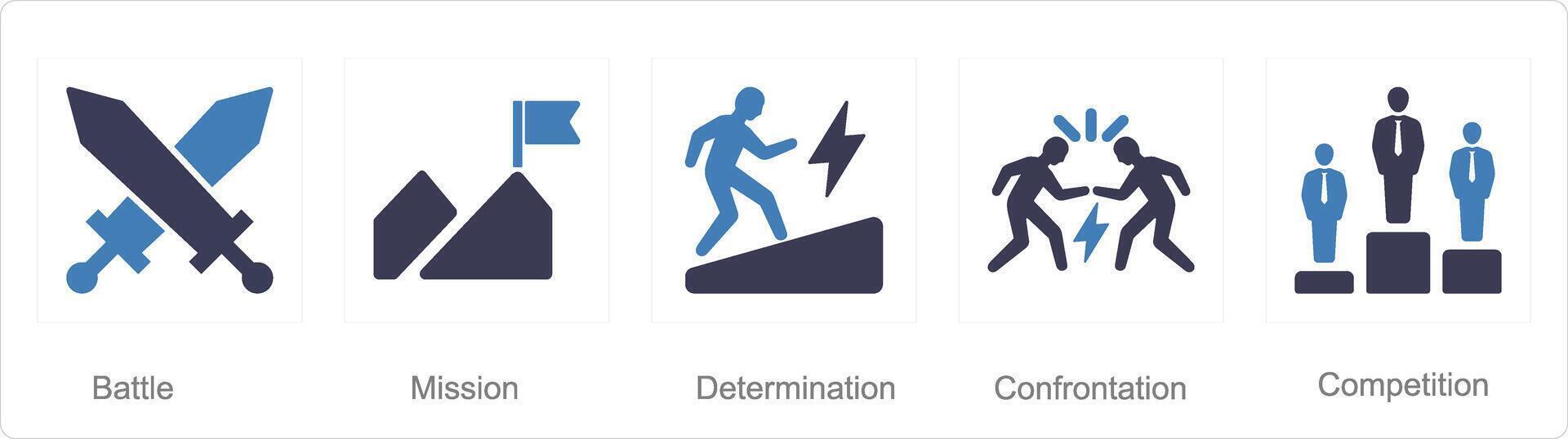 A set of 5 Challenge icons as battle, mission, determination vector