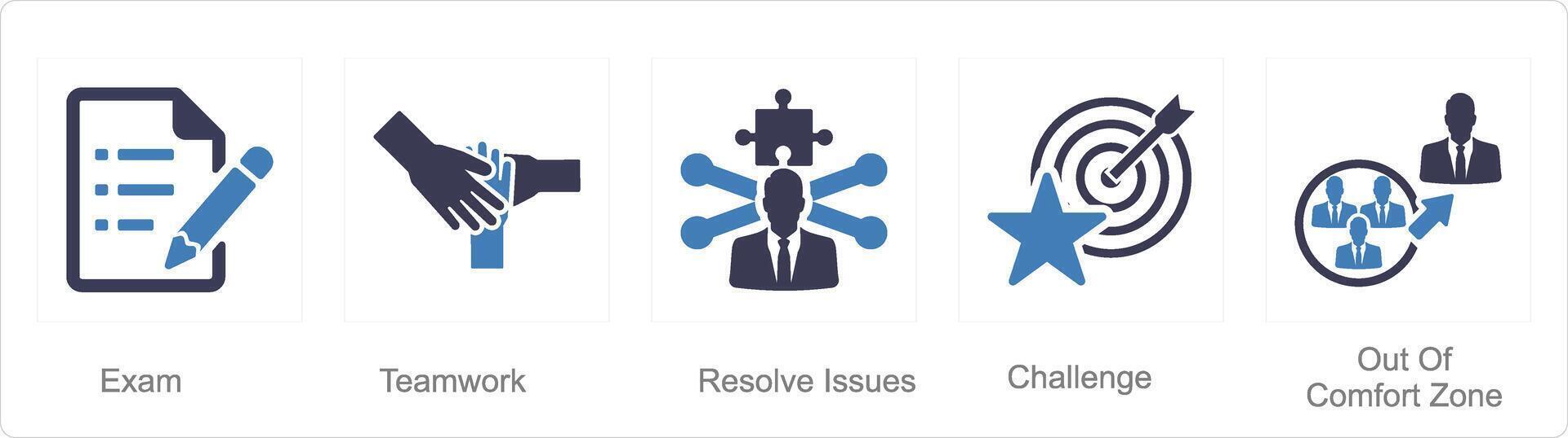 A set of 5 Challenge icons as exam, teamwork, resolve issues vector