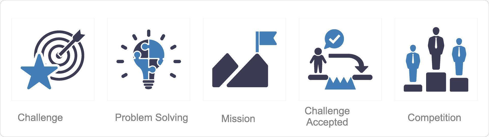 A set of 5 Challenge icons as challenge, problem solving, mission vector