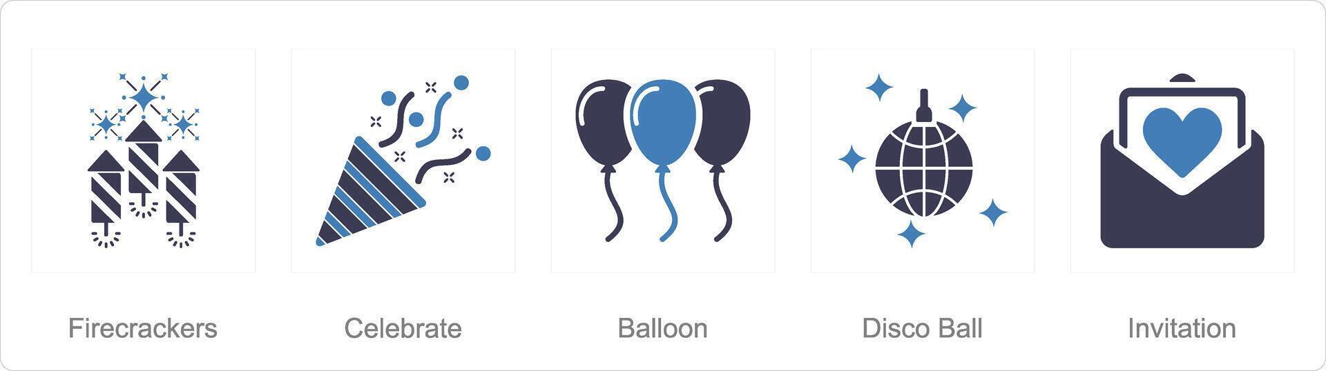 A set of 5 Celebrate icons as firecrackers, celebrate, balloons vector