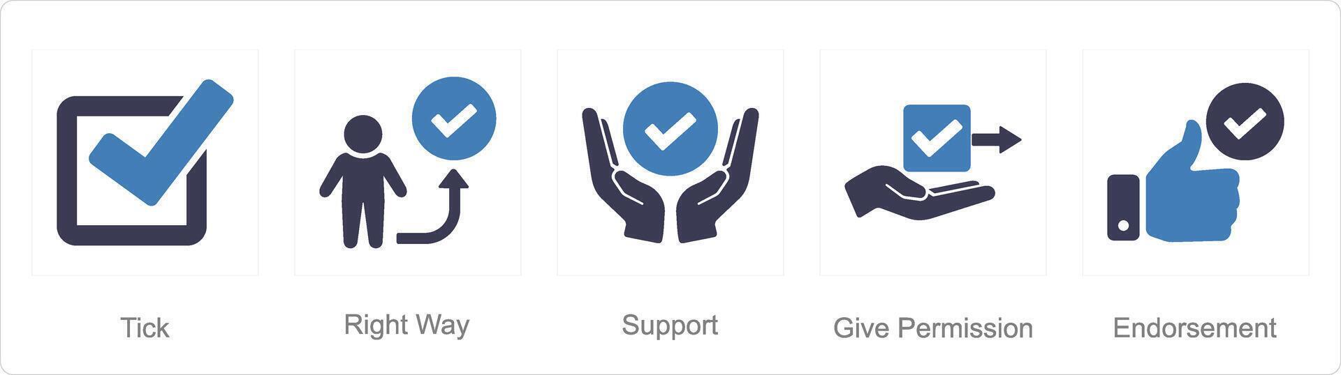 A set of 5 Checkmark icons as tick, right way, support vector