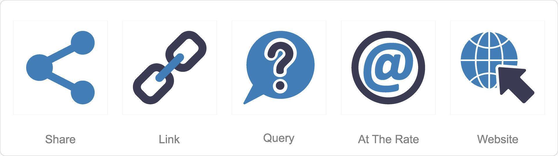 A set of 5 Contact icons as share, link, query, at the rate vector