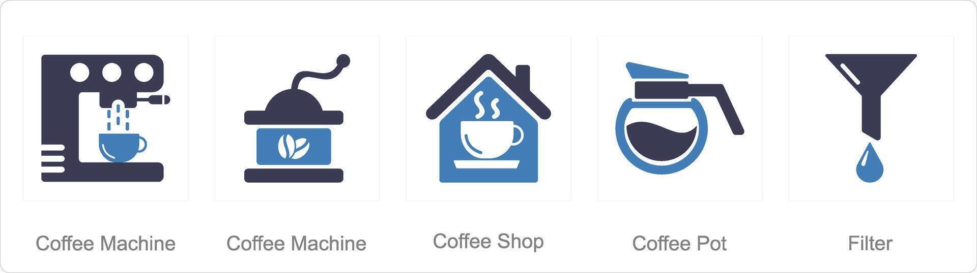 A set of 5 Coffee icons as coffee machine, coffee shop, coffee pot vector