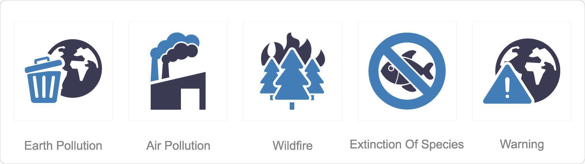 A set of 5 climatechange icons as earth pollution, wildfire, extinction of species vector