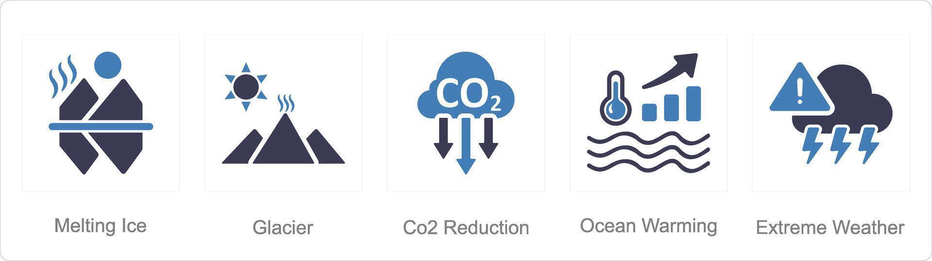 un conjunto de 5 5 cambio climático íconos como derritiendo hielo, glaciar, co2 reducción vector