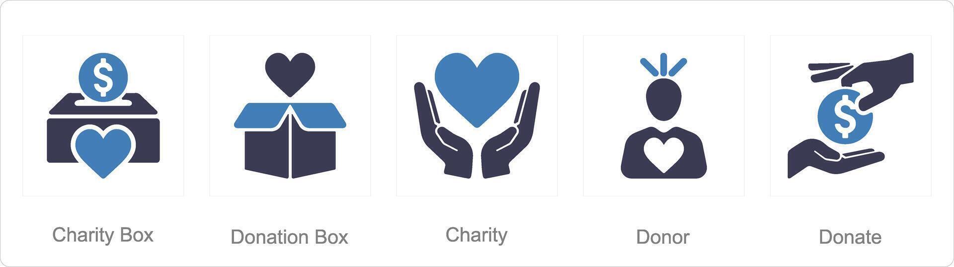A set of 5 charity and donation icons as charity box, donation box, charity vector