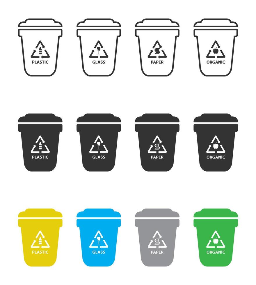 Garbage different types icons. Waste separation. Separate Eco-friendly waste bins. Different colors and recycling sign, glass, paper, organic, plastic icon. Vector illustration.