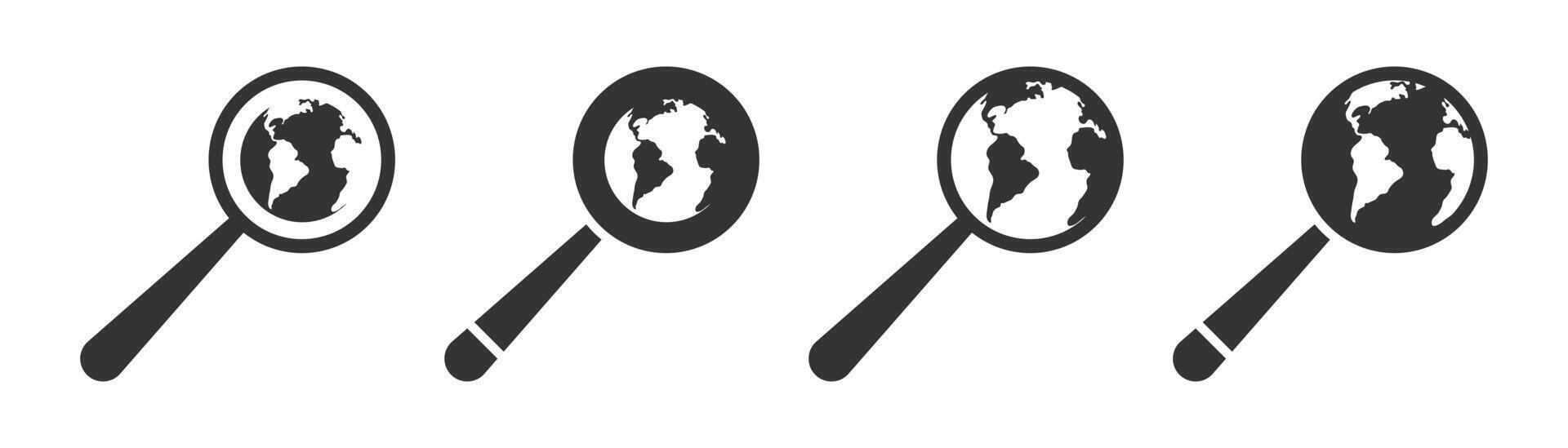 Earth globe and magnifying glass icon. Vector illustration.