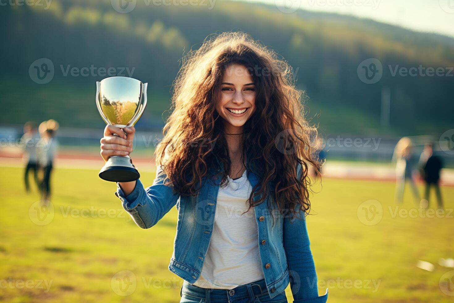 AI generated Cheerful preteen girl holding champion cup and beaming with a radiant smile, celebrating victory photo