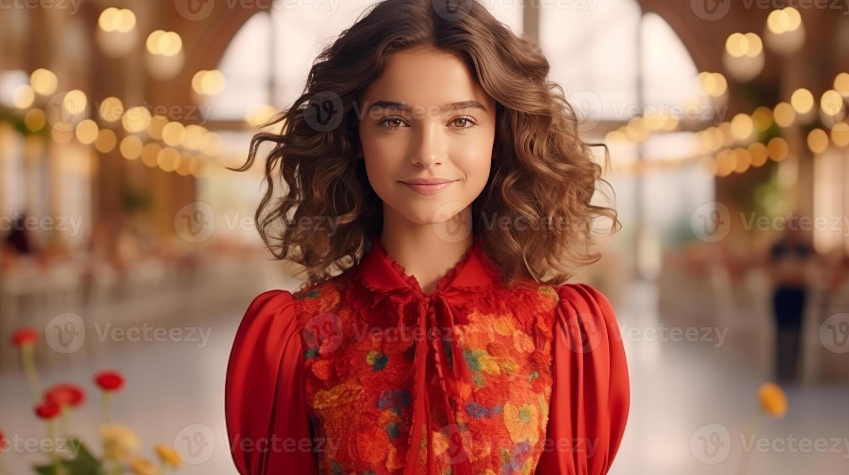 AI generated Attractive girl in bright dress looking at camera with copy space, portrait photography concept photo