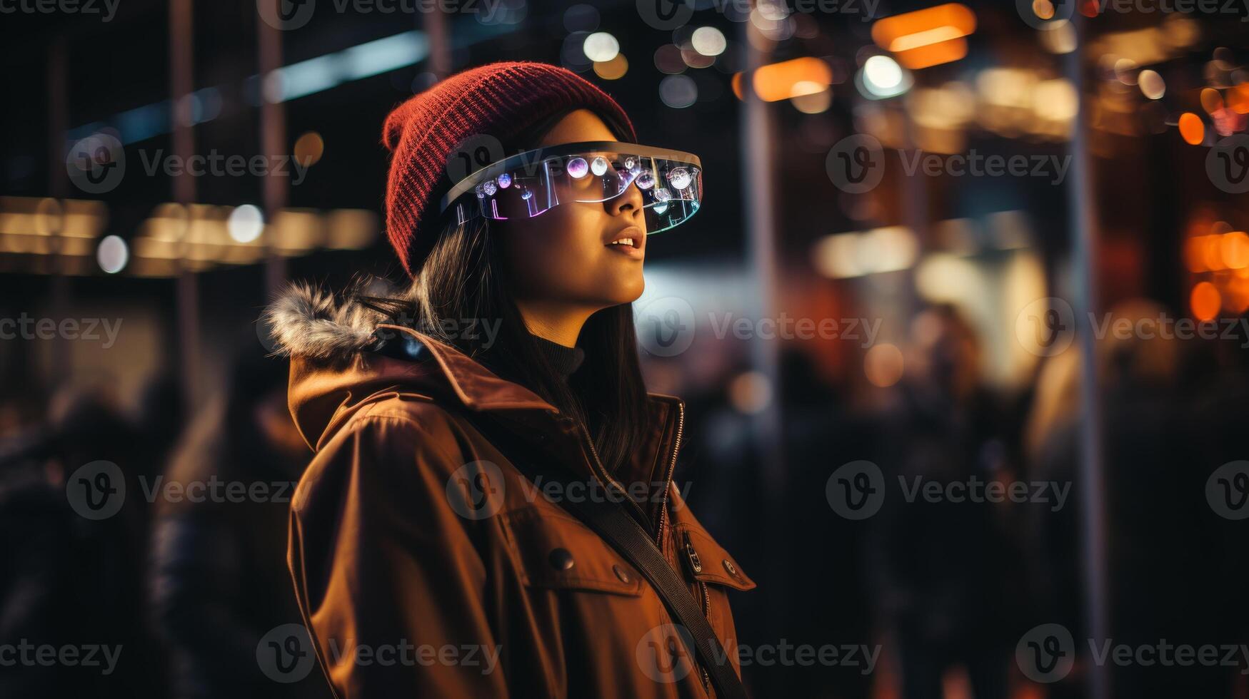AI generated Asian woman experiencing augmented reality with ar glasses and mixed reality headset photo