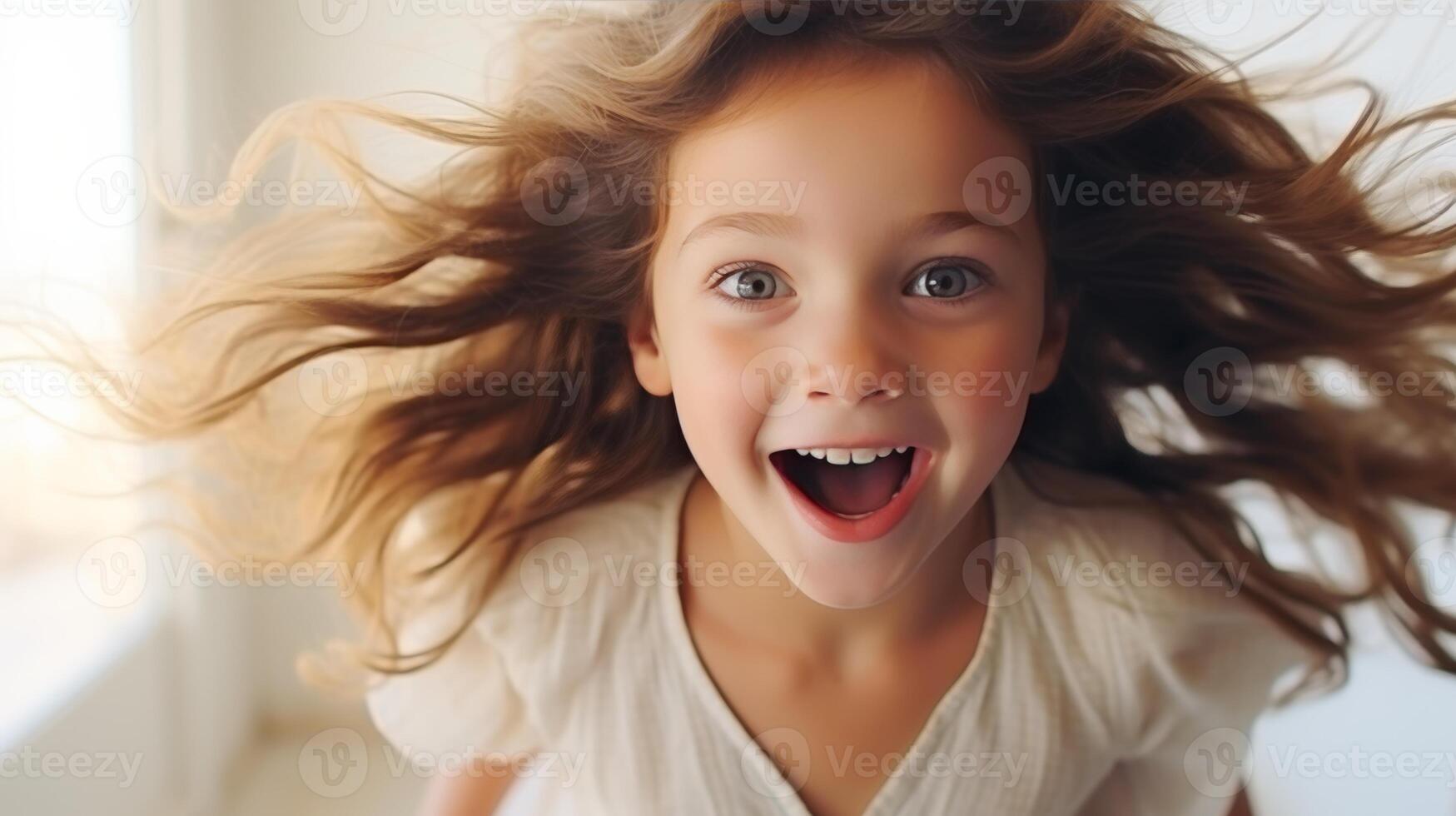AI generated Amazement. surprised happy girl looking at camera in astonishing outer space setting photo
