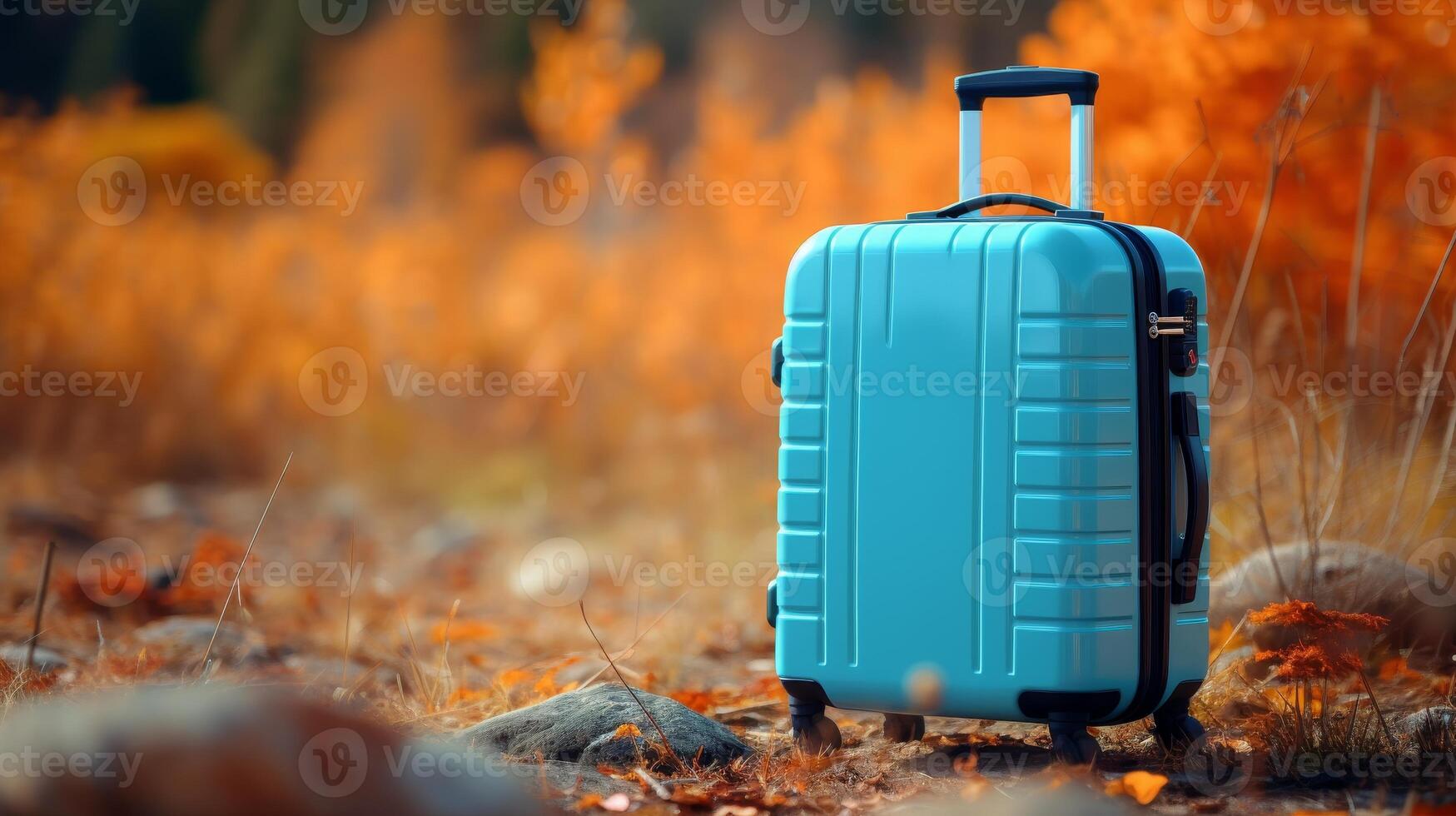 AI generated Travel suitcase on blurred defocused autumn background with copy space for text and travel concept photo