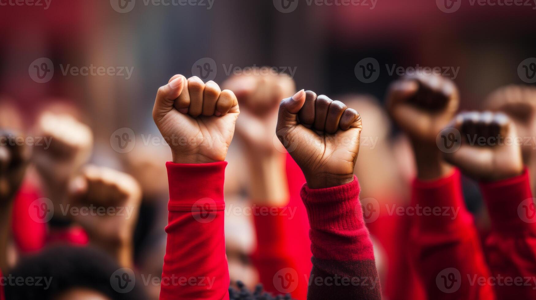 AI generated Diverse group showing unity and agreement in rally, raising hands together in solidarity photo