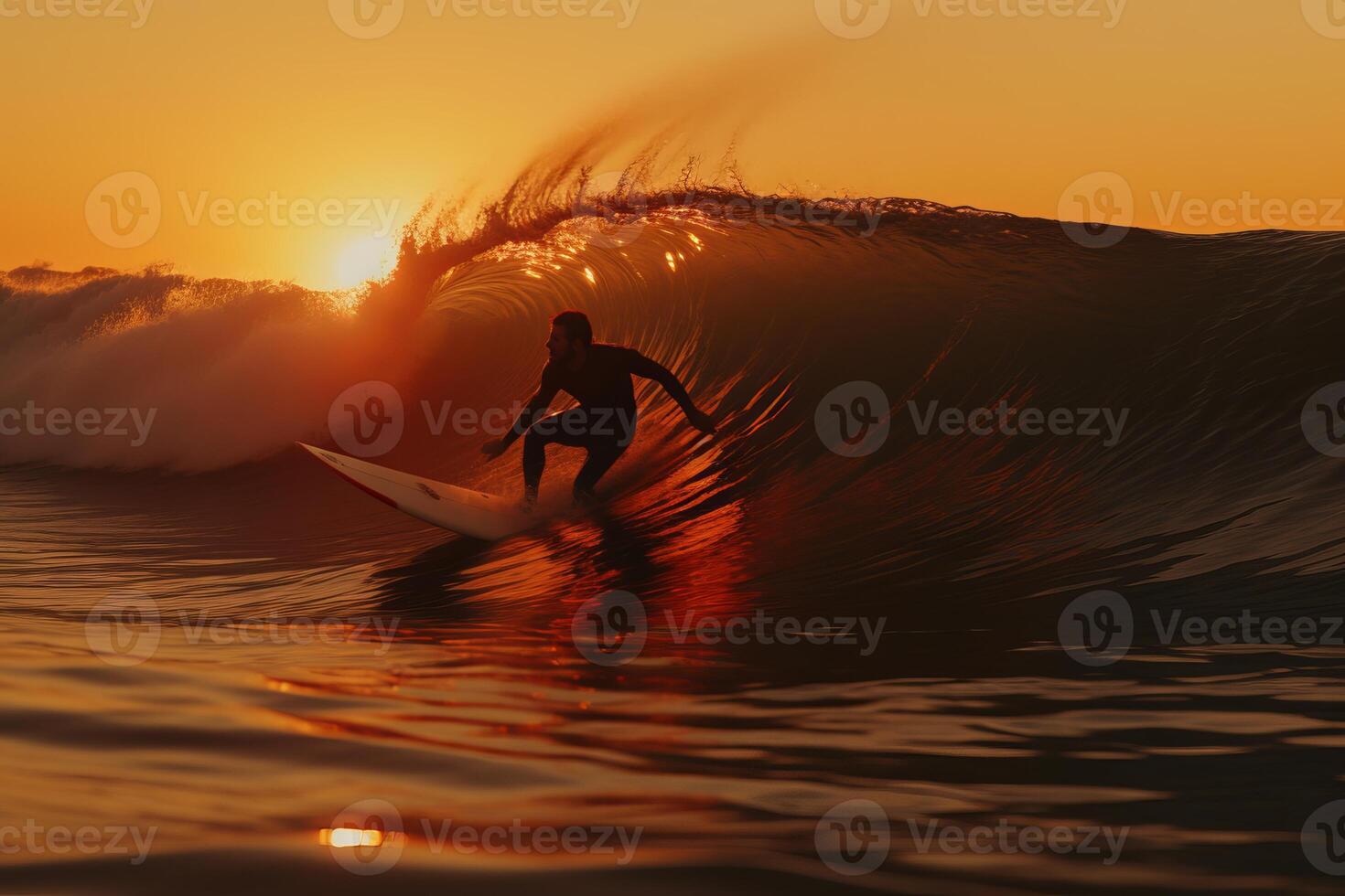 AI generated Adventurous surfer riding powerful ocean wave, allowing ample room for customized text placement photo