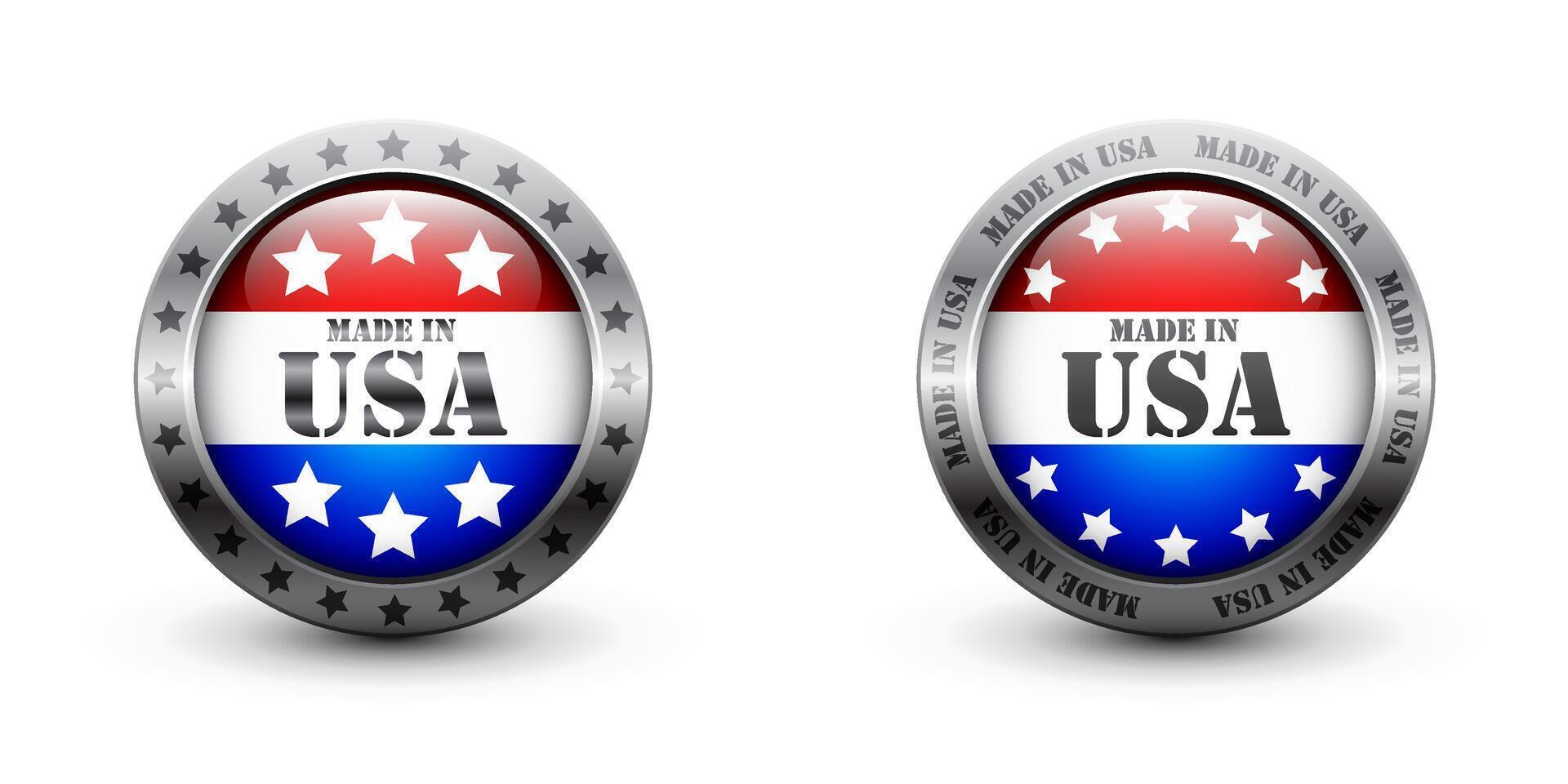 Made in USA glossy button. Certified USA product logo. Silver badge with flag and text. Flat vector illustration.