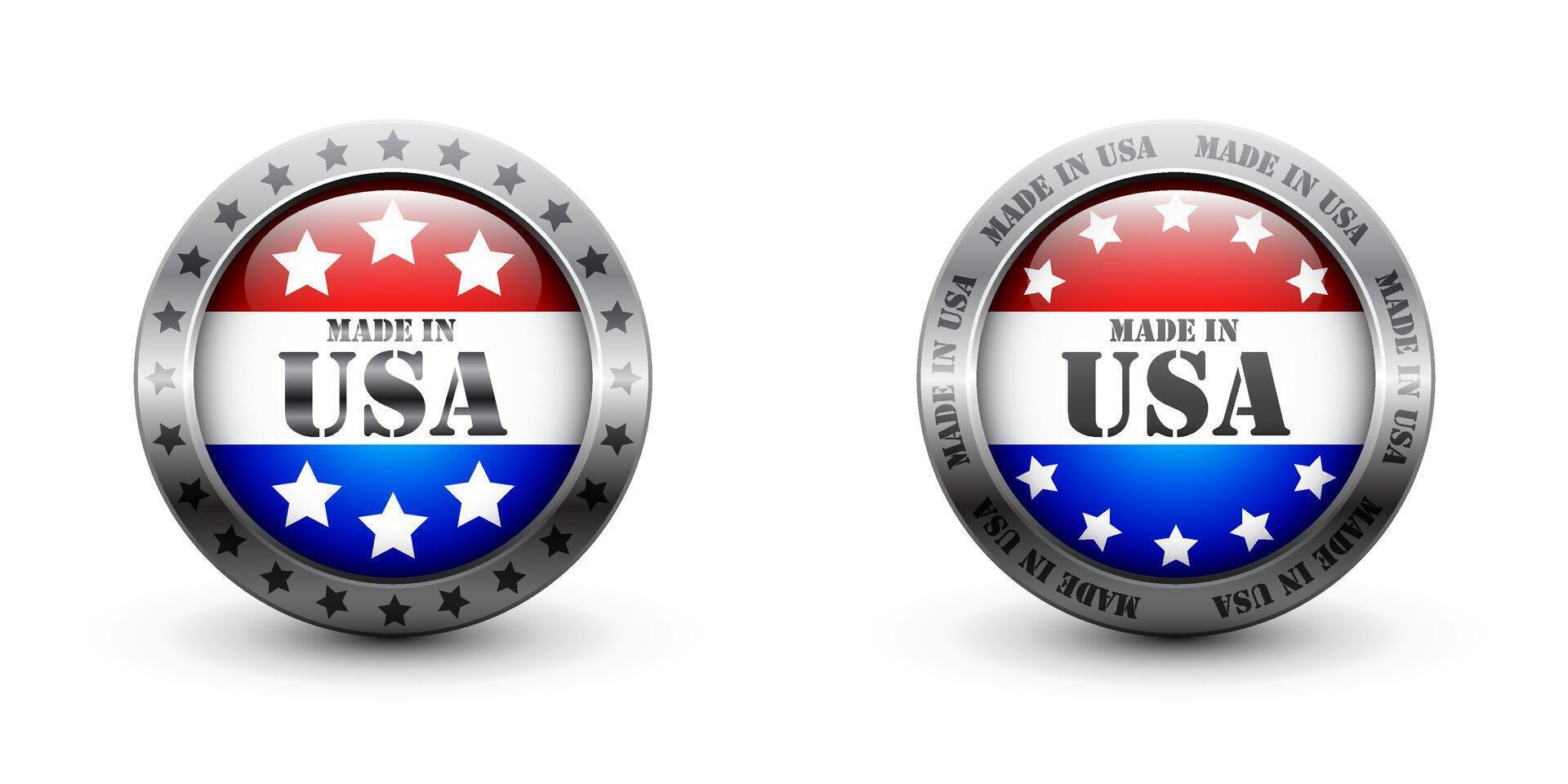 Made in USA glossy button. Certified USA product logo. Silver badge with flag and text. Flat vector illustration.