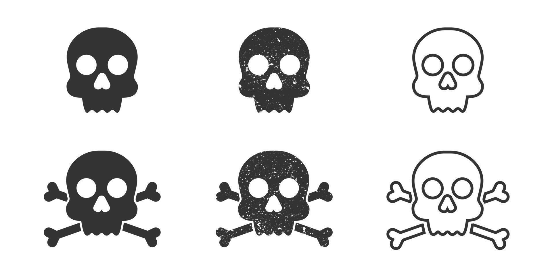 Skull and crossbones icon set. Roger symbol. Pirate scull sign. Vector illustration.
