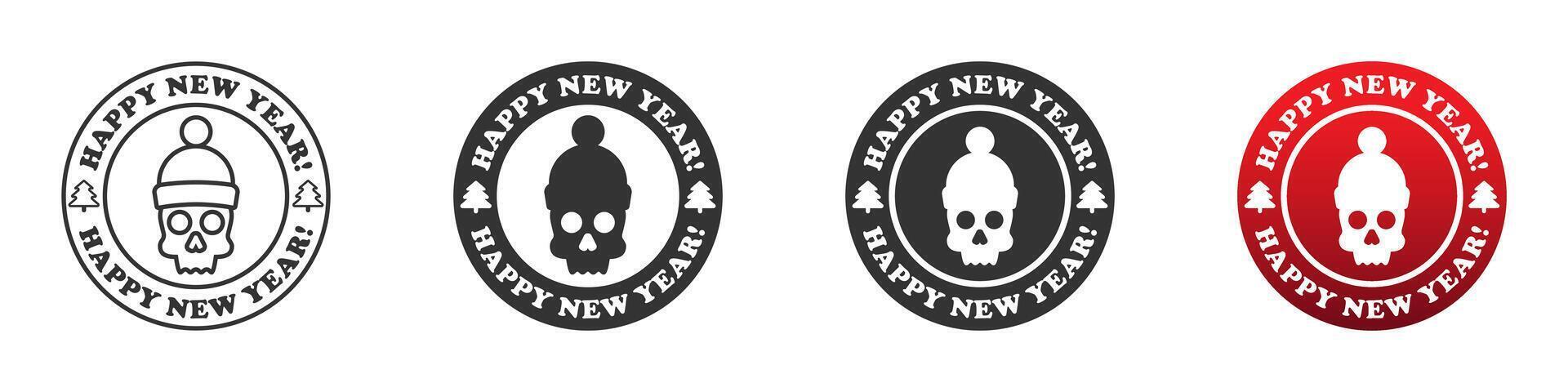 Skull in winter hat on a round badge with lettering Happy new Year Christmas skull icon. Vector illustration.
