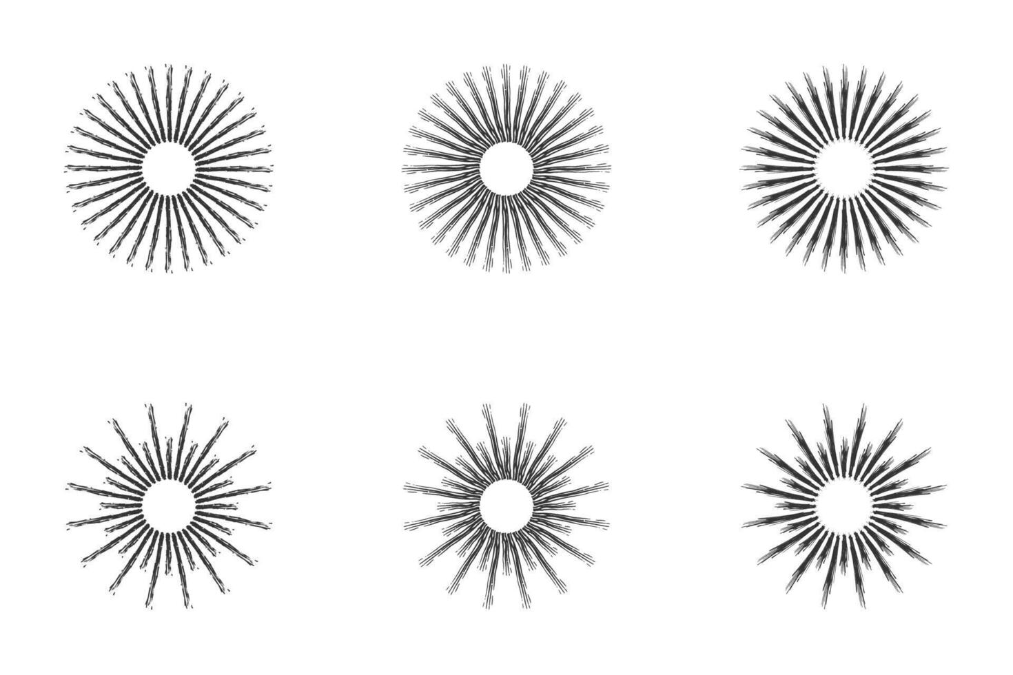 Hand drawn sunburst element set. Starburst radial stripes. Vector illustration.