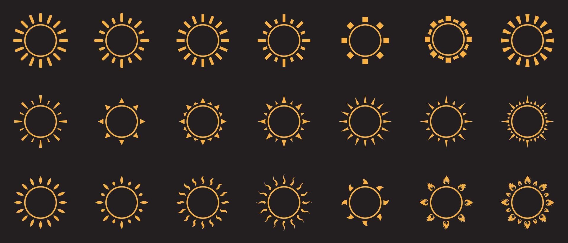 Set of orange sun icon. Isolated on a black background. Vector illustration.