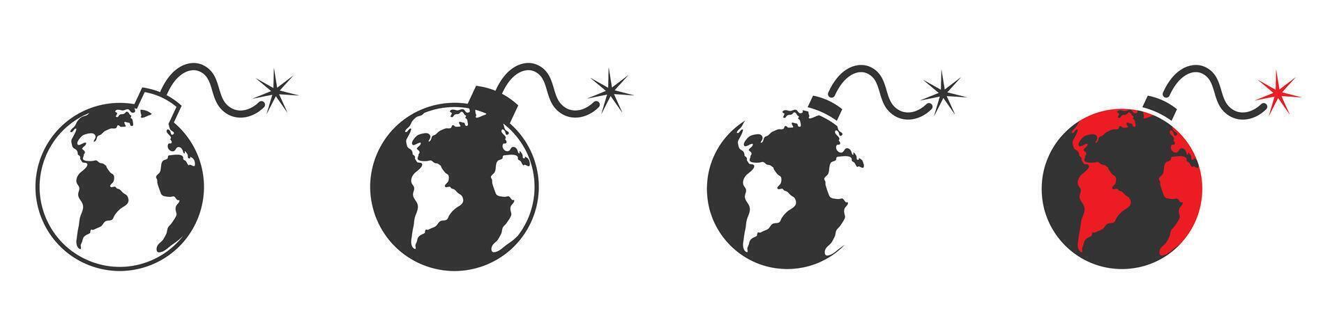 Earth bomb icon set. Earth as a bomb. Apocalypse concept. Vector illustration.