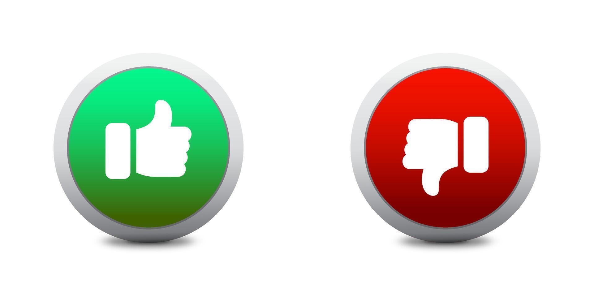 Thumb up and down red and green icons. Like amd dislike round buttons with shadows under it. Flat vector illustration.
