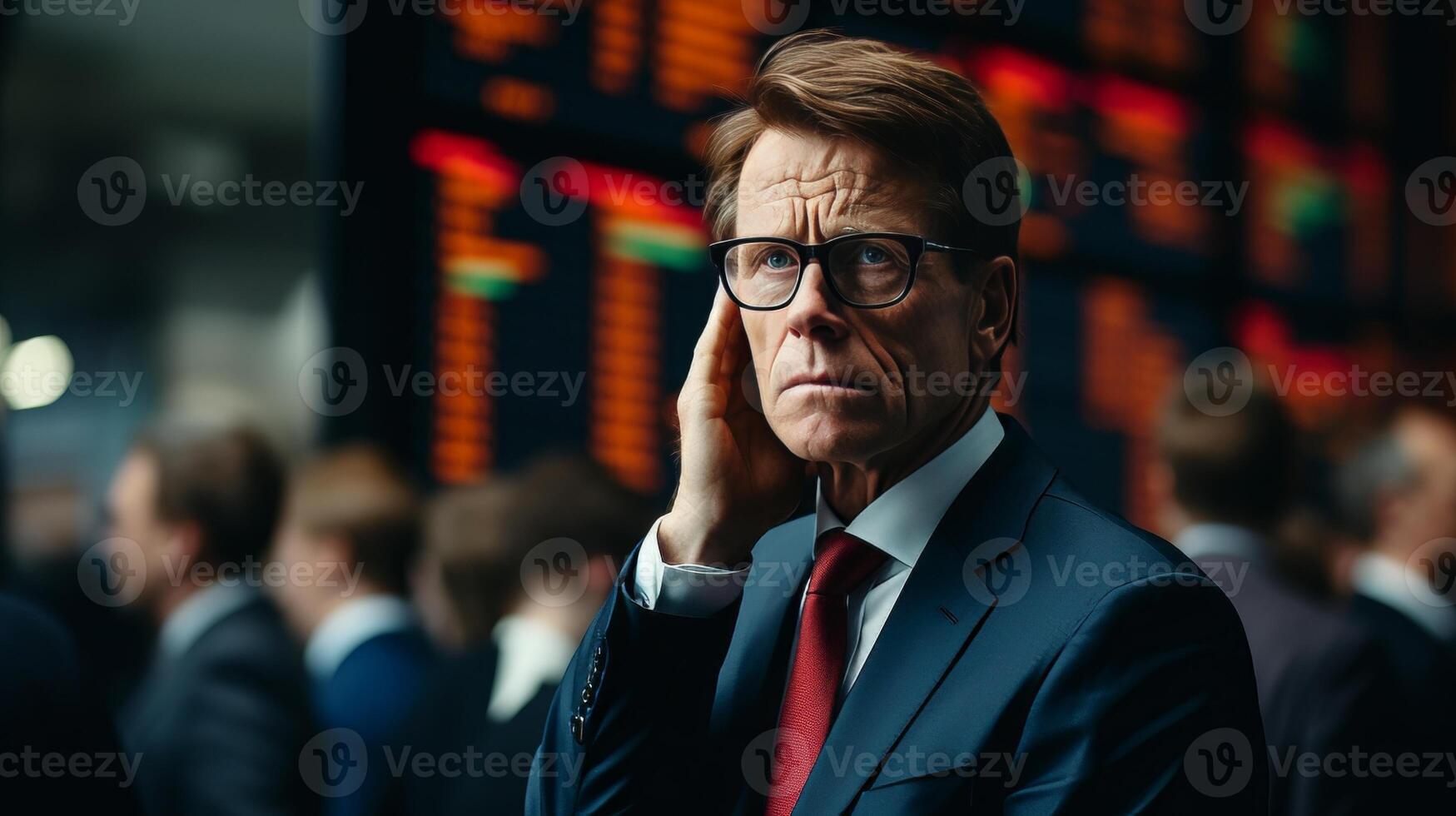 AI generated Professional middle aged businessman in suit analyzing stock market data on multiple screens photo