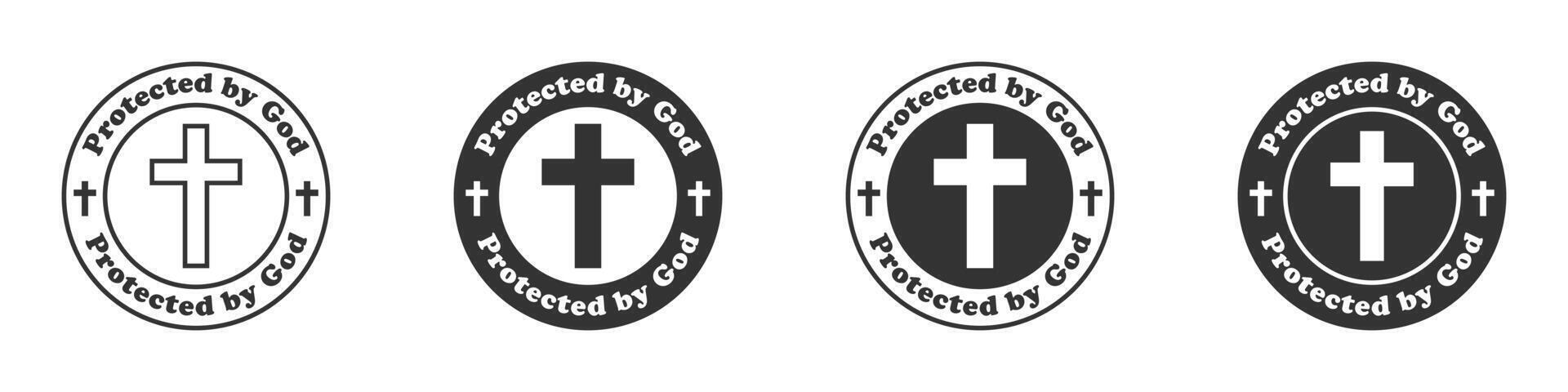 Round badge with a Christian cross and the inscription Protected by God. Vector illustration.