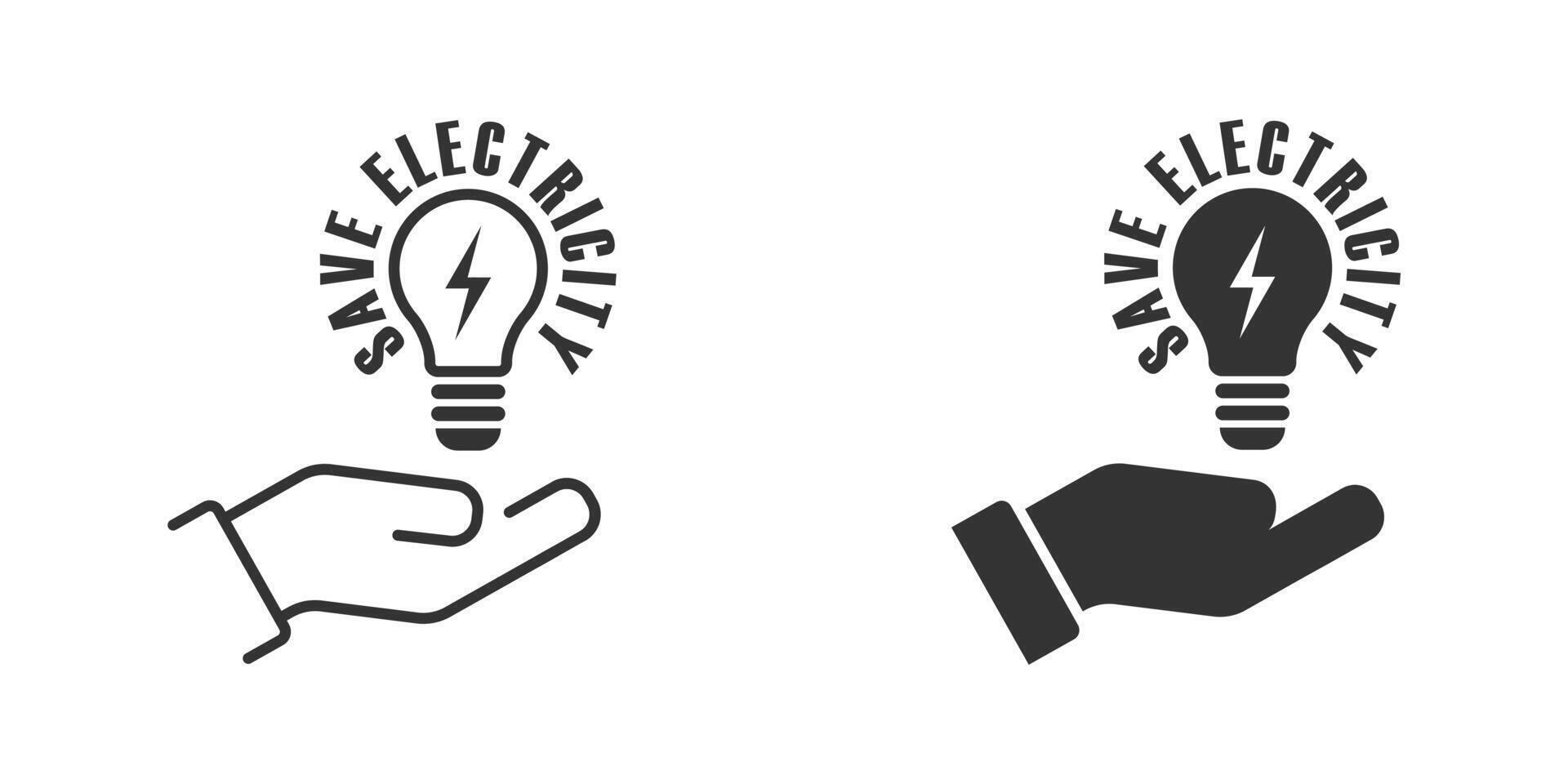 Save electricity icon. Bulb on a hand with lettering. Vector illustration.