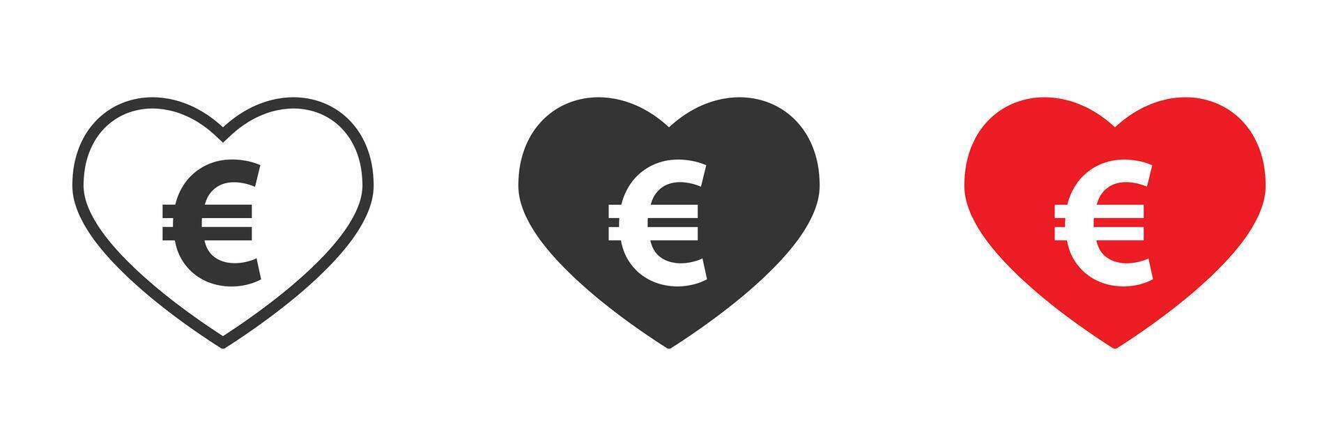 euro firmar en el corazón icono. corazón y euro signo. dinero amor concepto. vector ilustración.