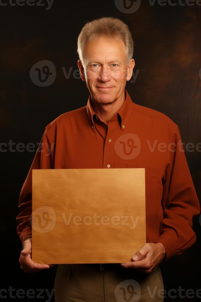 AI generated Smiling man holding blank vertical sign mockup for personalized and customizable text insertion photo