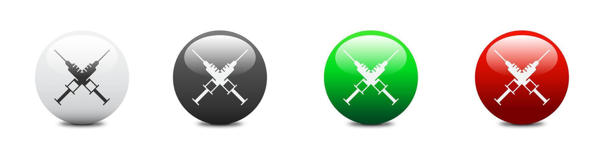 Crossed syringe icon on a round glossy button. Crossed Injections icon. Syringe for vaccine. Flat vector illustration.