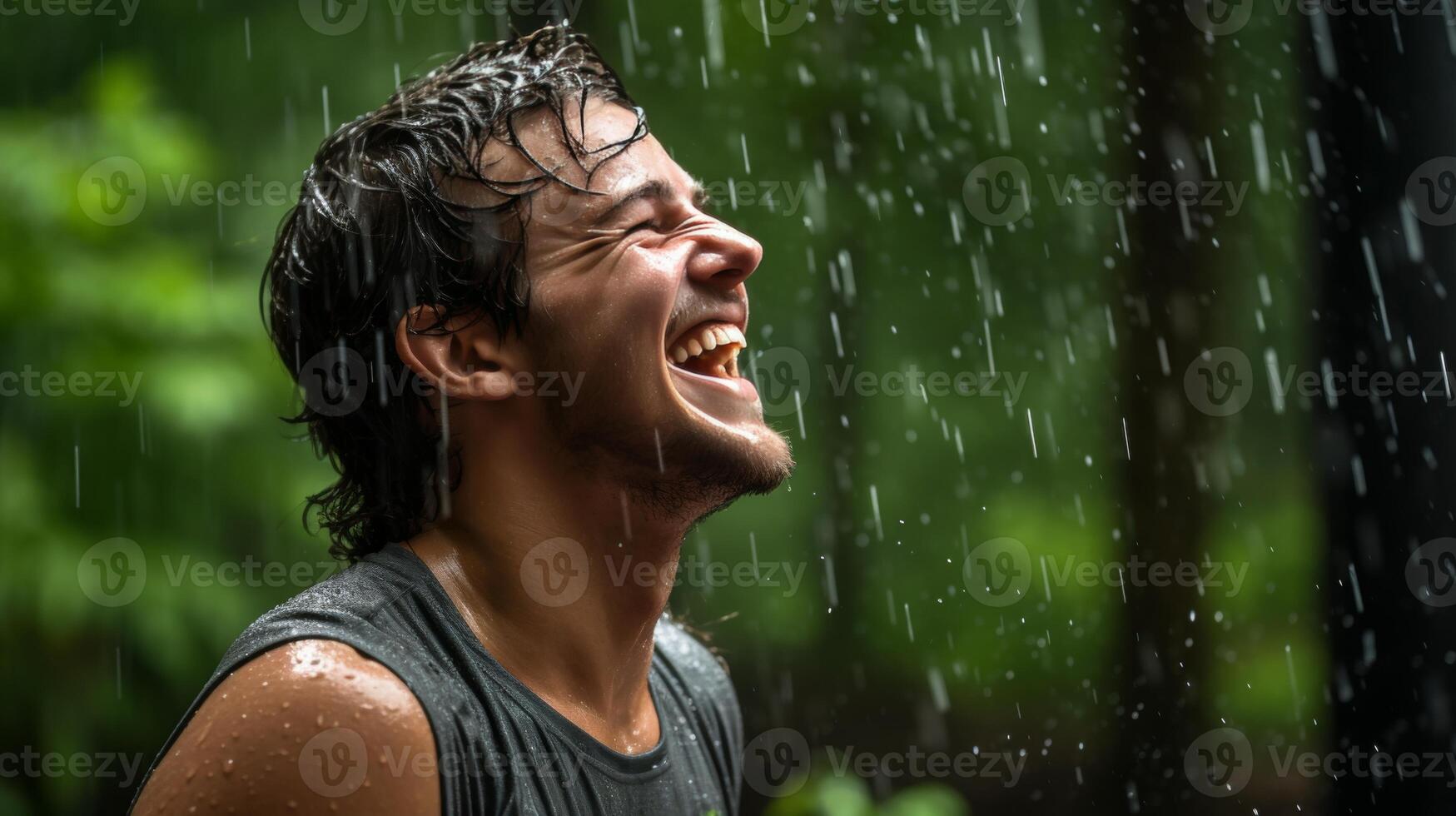 AI generated Young athletic man in a wet t-shirt under the rain with copy space for text and dramatic lighting photo