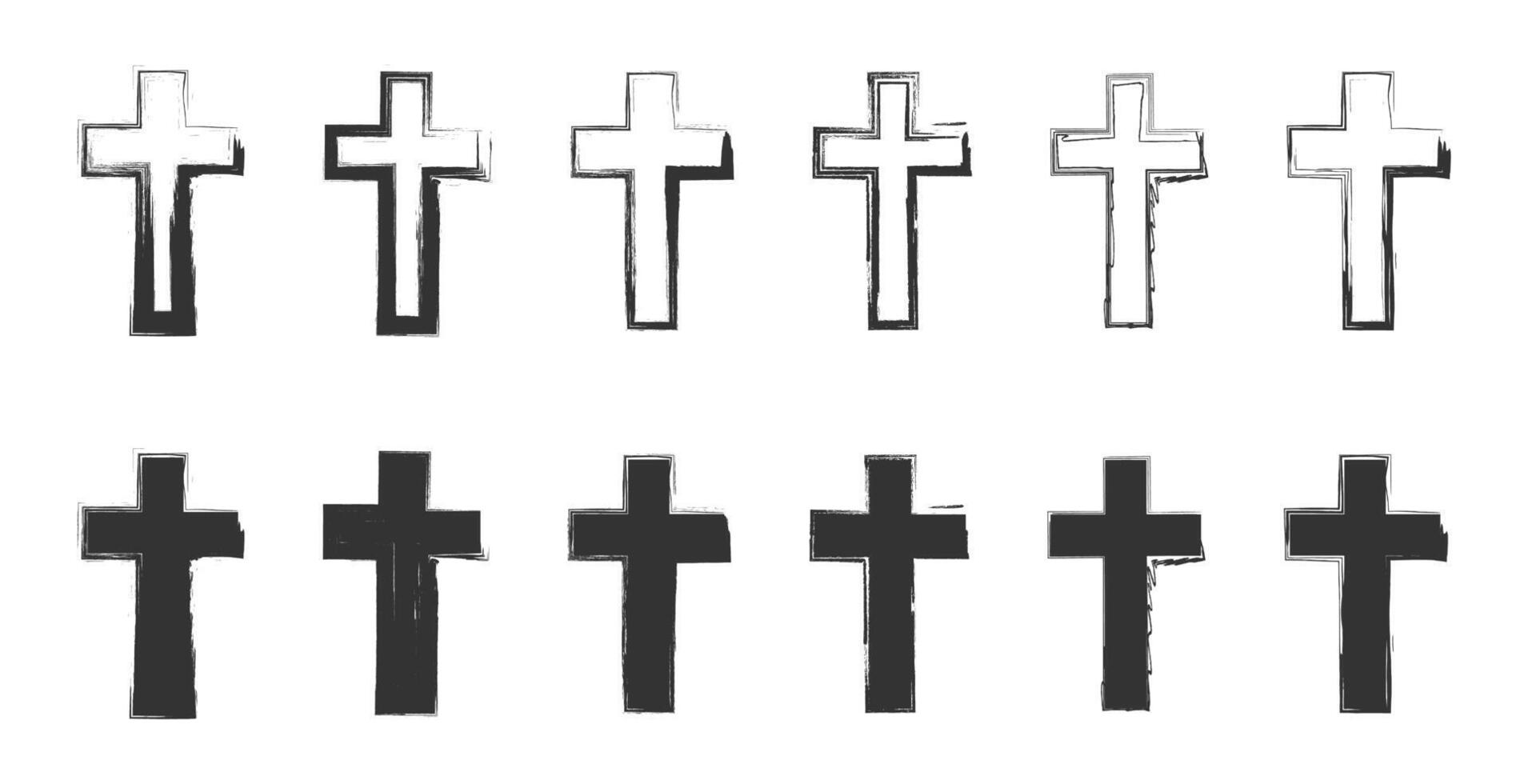 Hand drawn christian cross signs. Grunge texture cross symbol. Vector illustration.