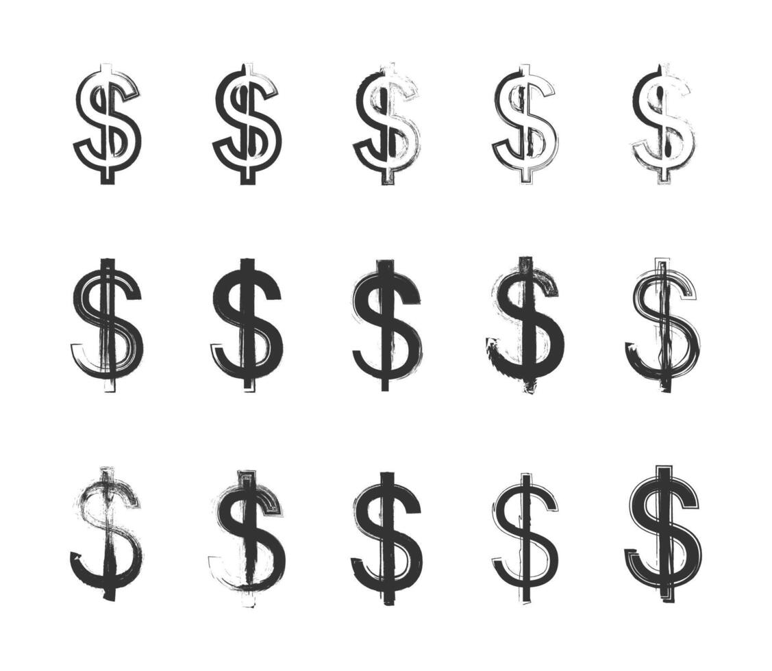 Grunge style dollar sign set. Vector illustration.