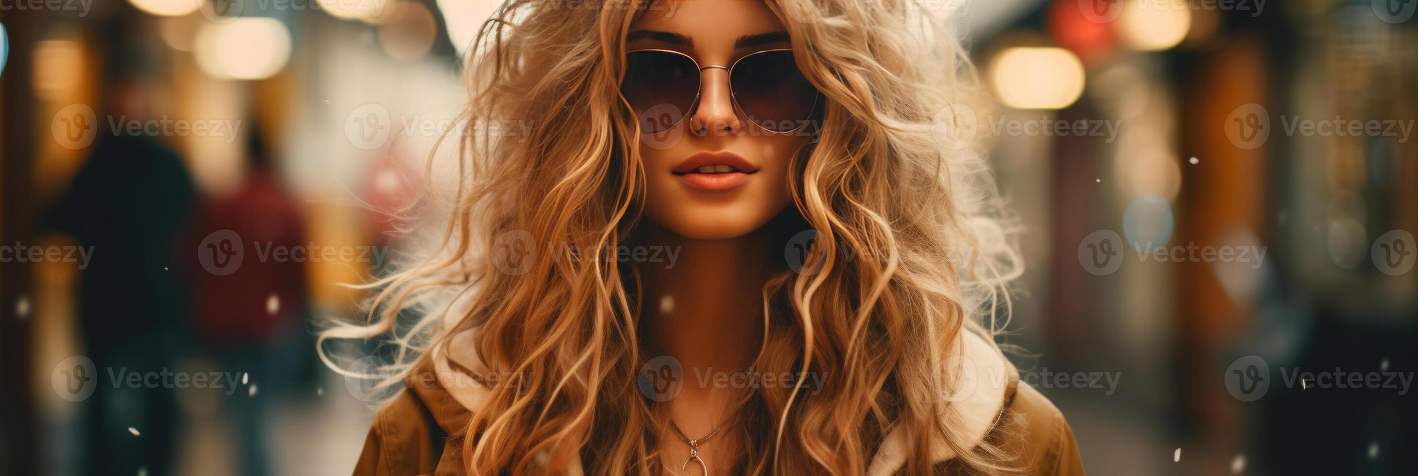 AI generated Blond curly haired girl in sunglasses looking at camera with space for text banner photo