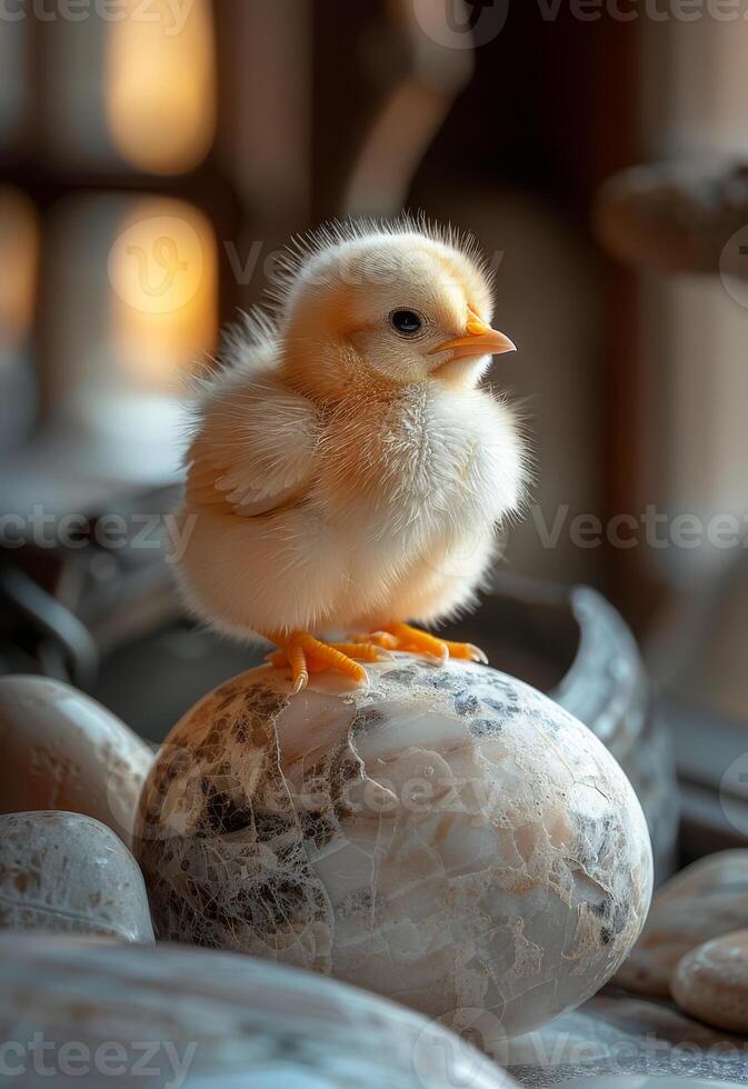 AI generated Small yellow chick sits on stone photo