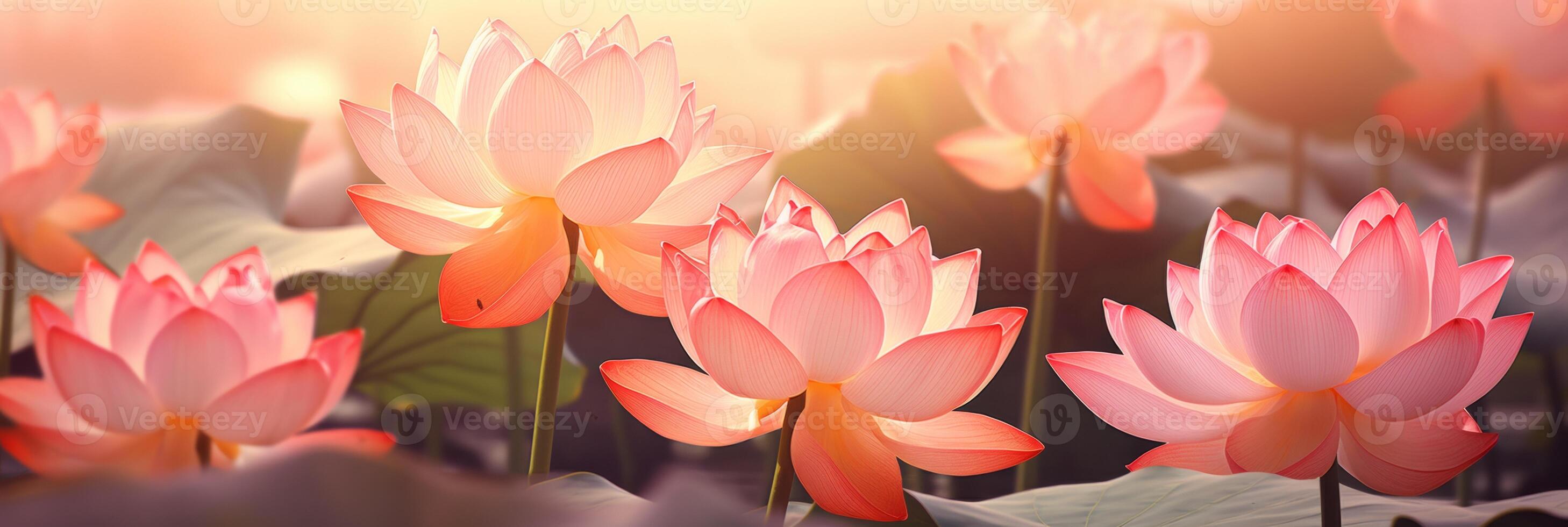 AI generated Lotus flowers banner with copy space on blurred background, floral design for sale promotions photo