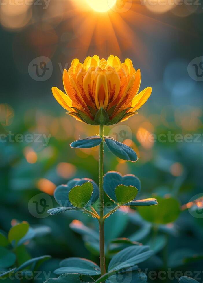 AI generated Yellow flower and the sun. A lotus flower and green leaves photo