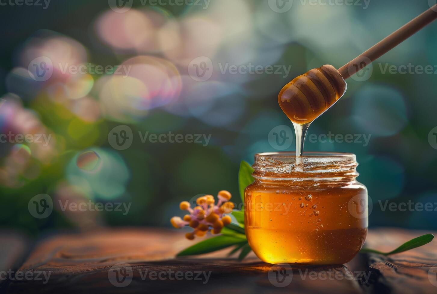 AI generated Honey dripping from wooden honey dipper in jar on blurred background of flowers photo