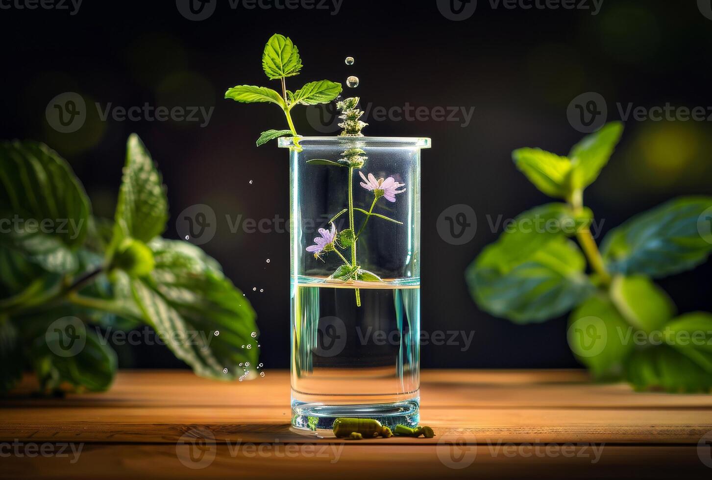 AI generated Glass of water with mint leaves and flowers photo