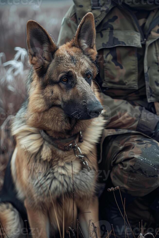 AI generated German shepherd dog sitting next to soldier in the field photo
