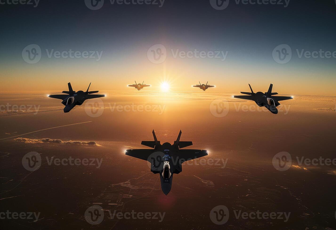AI generated Military fighter jets fly in formation over the military base at sunset photo